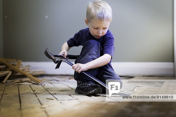 little boy playing carpenter with a hammer and hardwood floor.