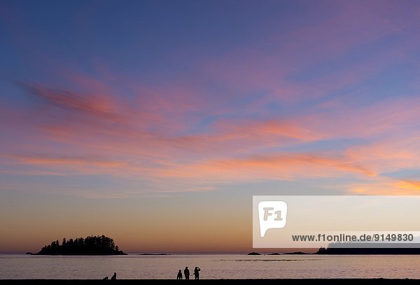 Visitors at sunset in sillouette  MacKenzie's Beach  Tofino  British Columbia  Canada