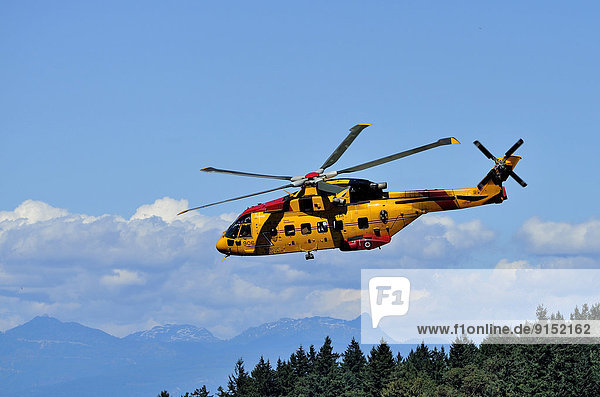 A photograph of an AgustaWestland CH-149 Cormorant search and rescue helicopter in flight over Ninamo harbour Vancouver Island British Cloumbia  Canada.