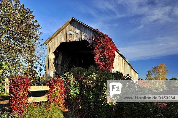 An autumn landscape image of the wooden Covered Bridge built in 1908 crossing the Salmon river at Smith Creek New Brunswick that was taken out of service and made into a park for all to enjoy.