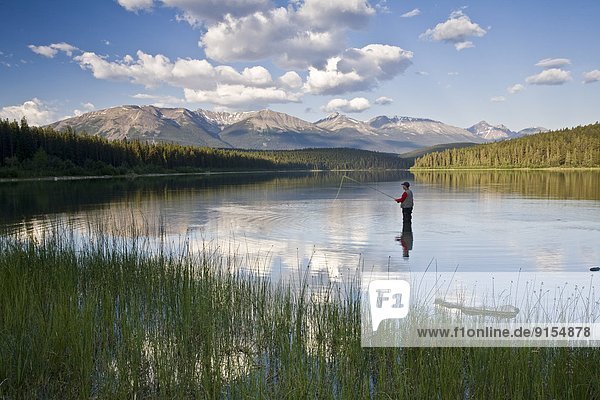 Middle aged male fly fishing in Patricia Lake  Jasper National Park  Alberta  Canada.