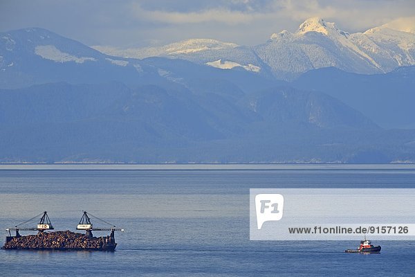 Tugboat towing self dumping log barge in Georgia Strait  near Nanaimo  Vancouver Island BC  Canada