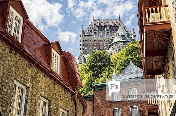 Old heritage buildings in Old Quebec with Chateau Frontenac in the background. Quebec  Canada.