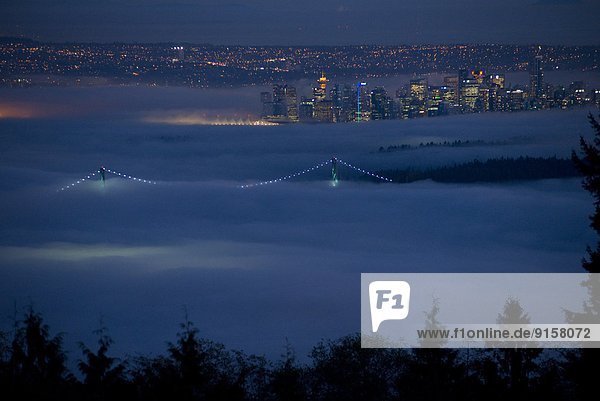 Lions Gate Bridge and downtown Vancouver in fog at night  Vancouver  Coast & Mountains Region. British Columbia  Canada