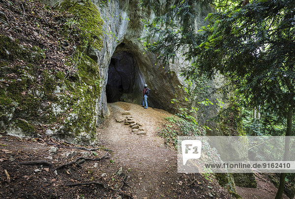Frauenhöhle cave  natural monument  Jurassic limestone  lower entrance on the Egloffstein culture trail  Mostviel  Egloffstein  Bavaria  Germany