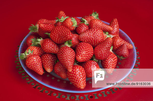 Frische Erdbeeren auf einem Glasteller auf einem roten Tisch