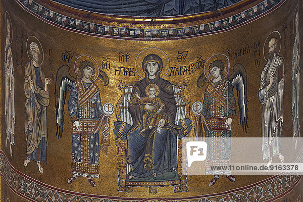 Maria mit dem Jesuskind  byzantinisches Goldgrund-Mosaik in der Kathedrale Santa Maria Nuova  Monreale  Provinz Palermo  Sizilien  Italien