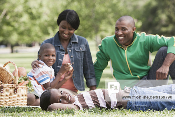 African American family having picnic in park