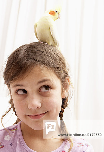 Mixed race girl holding bird on head