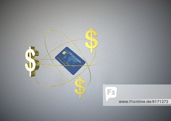 Kreditkarte und drei goldene Dollarzeichen vor grauem Hintergrund,  3D Rendering