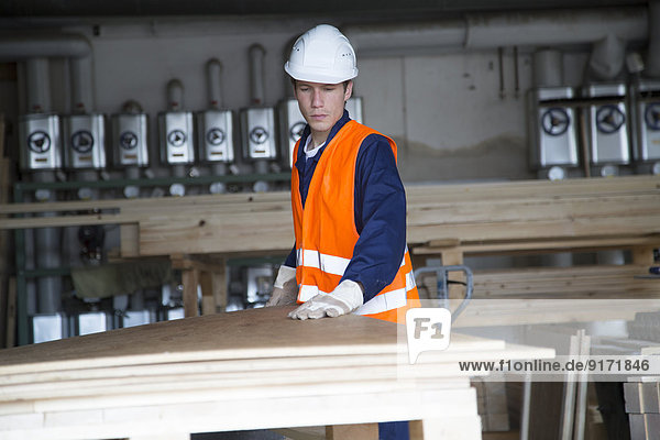 Young worker at carpentry of pallet production