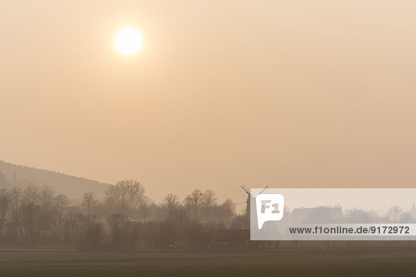 Deutschland  Nordrhein-Westfalen  Lübbecke  Landschaft mit Silhouette der Windmühle am Hiller Moor bei Sonnenuntergang