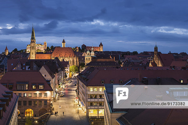 Germany  Bavaria  Nuremberg  View over city in the evening with St. Sebaldus Church and the Castle in the background