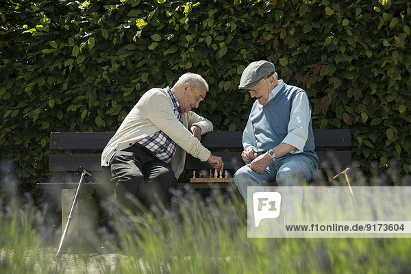 Two old friends sitting on park bench playing chess