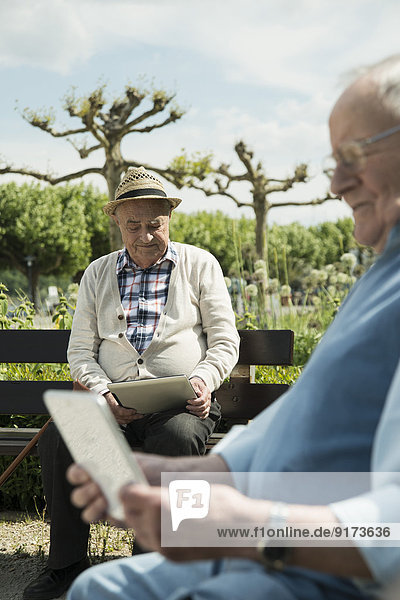 Two old men using tablet computers in the park