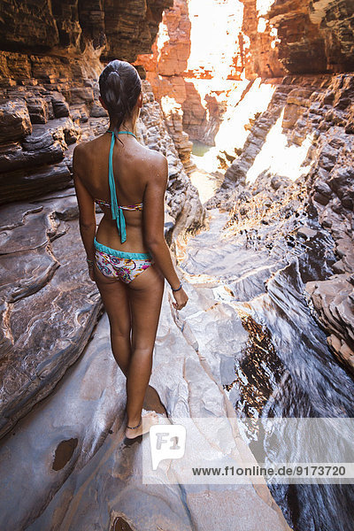 Australia  Western Australia  Karijini National Park  Hancock Gorge  woman standing at canyon  back view