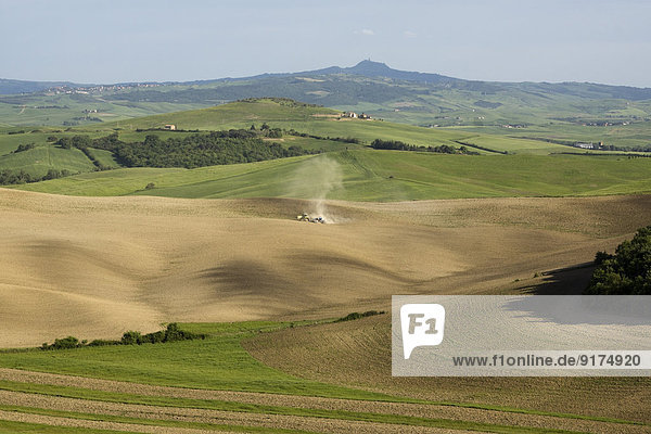 Italien  Toskana  Traktor auf dem Feld bei Pienza