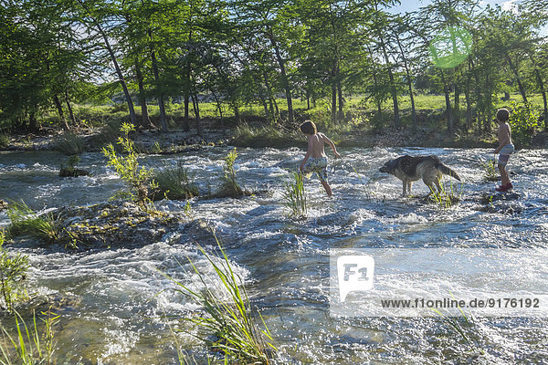 USA  Texas  Zwei Jungen spielen mit ihrem Hund am Frio River