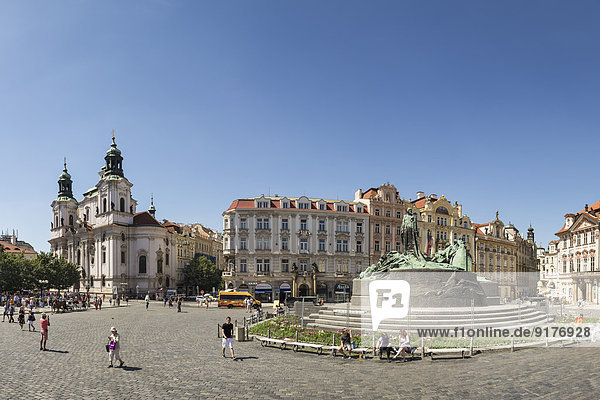 Czech Republic  Prague  Old Town Square with St. Nicholas Church and Jan Hus memorial
