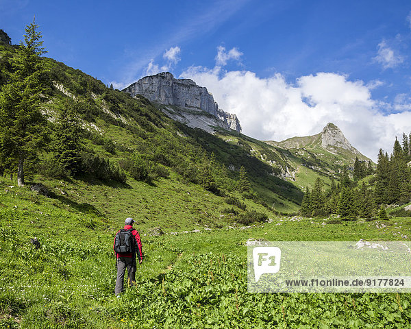 Österreich  Tirol  Allgäuer Hochalpen  Naturschutzgebiet Hoher Ifen  Mahd-Tal  Torkopf  Aufstieg zum Gottesacker  Wanderer