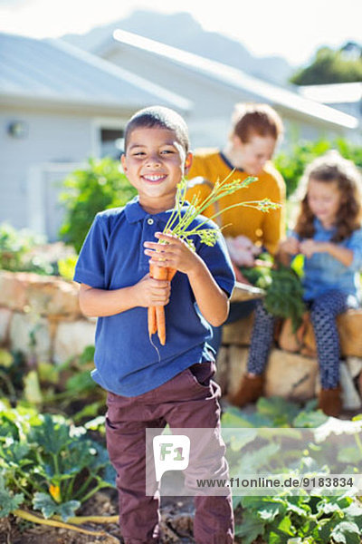 Junge mit Karottenbüschel im Garten