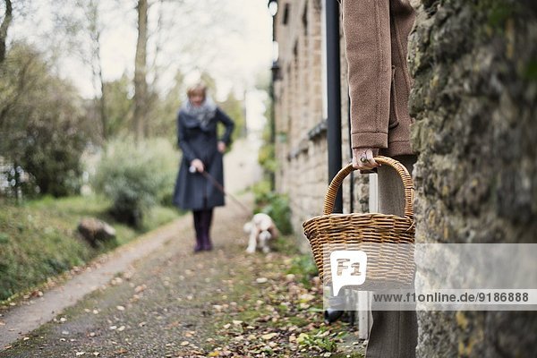 Seniorenfrau steht in der Tür  Blickwinkel niedrig  wartet auf reife Frau  gehender Hund
