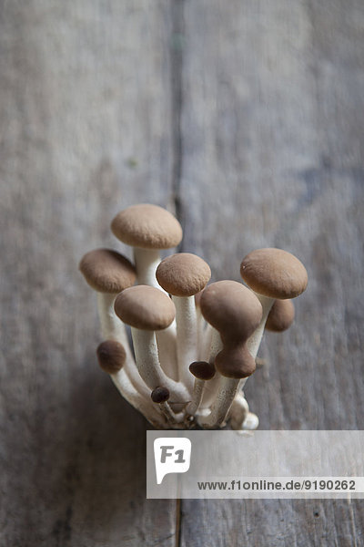 Nahaufnahme von braunen Shimeji-Pilzen auf Holztisch