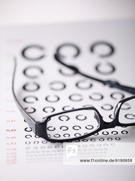 Nahaufnahme des Alphabets C auf der Augenuntersuchungstabelle durch die Brille gesehen