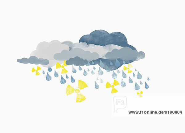 Sturmwolken  Wassertropfen und radioaktive Symbole  Illustration