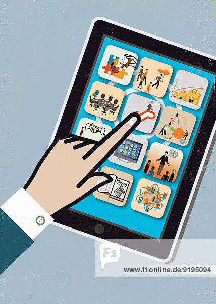 Nahaufnahme der Hand eines Geschäftsmannes der Apps auf einem bunten Digital-Tablet benutzt