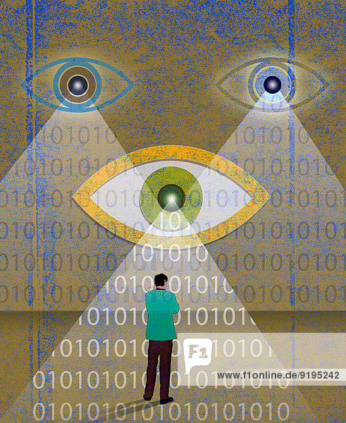Mann steht vor großen Augen die binäre Codes ausstrahlen
