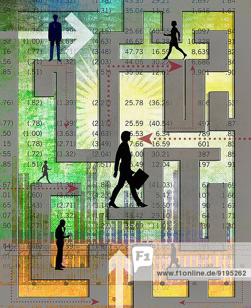 Geschäftsleute navigieren durch ein komplexes Finanz-Labyrinth