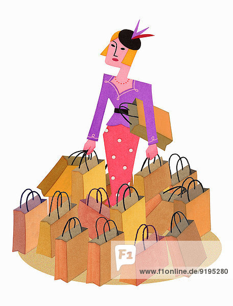 Moderne Frau umgeben von vielen Einkaufstaschen
