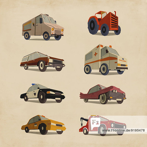 Unterschiedliche Arten von altmodischen Autos und Lastkraftwagen