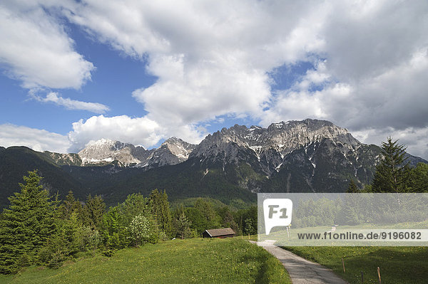 Karwendelgebirge  davor ein Wanderweg  Mittenwald  Bayern  Deutschland