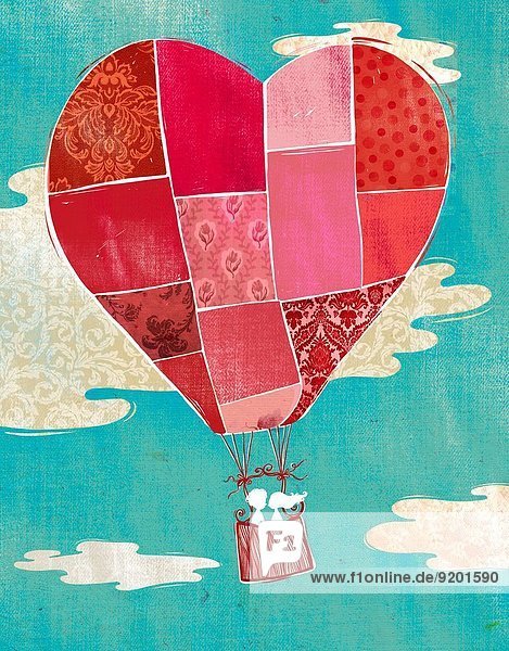 Illustration of couple in hot air balloon against cloudy sky.