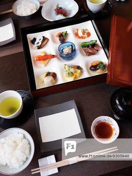 Meal served at a Japanese high-end sushi restaurant. Ginza Tokyo Japan.