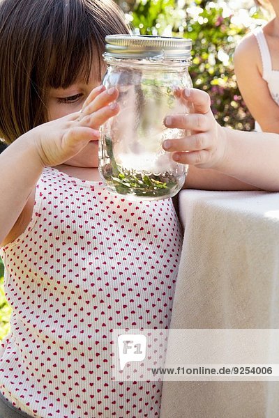 Mädchen hält Glas mit grüner Anole Eidechse im Garten