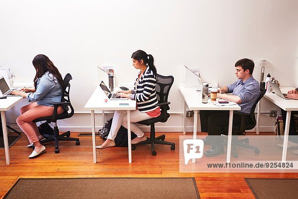 Row of people working at desks in office