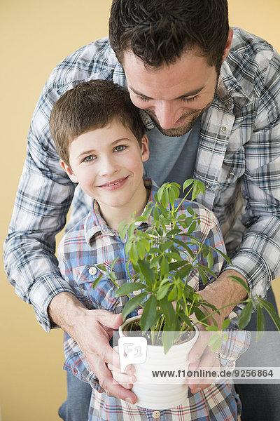 Menschlicher Vater Sohn halten Pflanze 5-9 Jahre 5 bis 9 Jahre Topfpflanze
