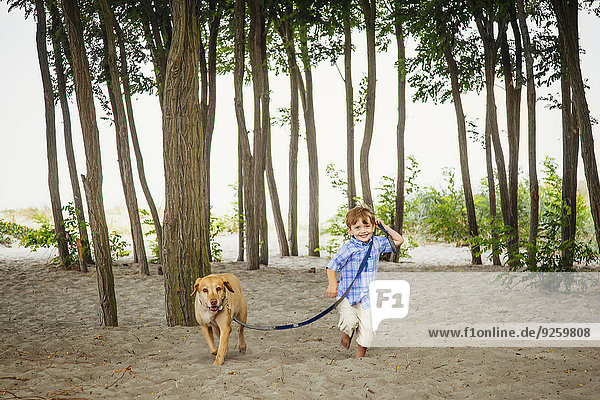 Boy walking dog on wooded beach