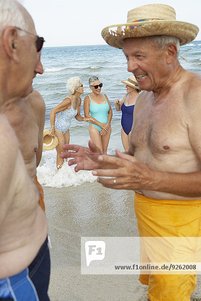 Senior men talking on beach