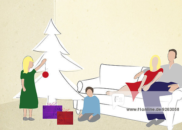 Familie am Weihnachtsbaum,  Illustration