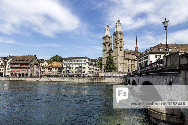 Switzerland  Zurich  view to great minster with Limmat River in the foreground