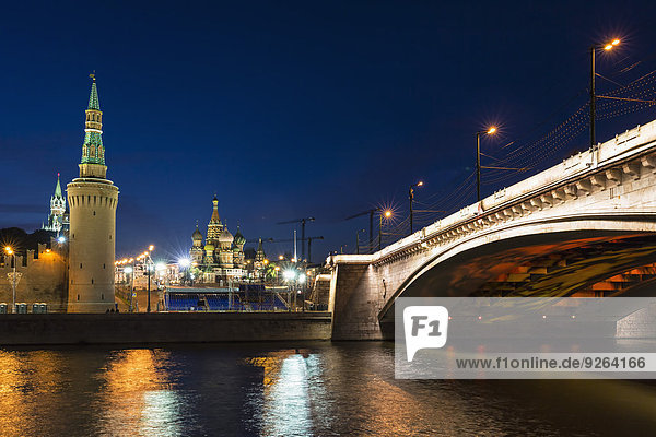 Russia  Central Russia  Moscow  Red Square  Saint Basil's Cathedral  Kremlin Wall and Bridge  Moskva River at night