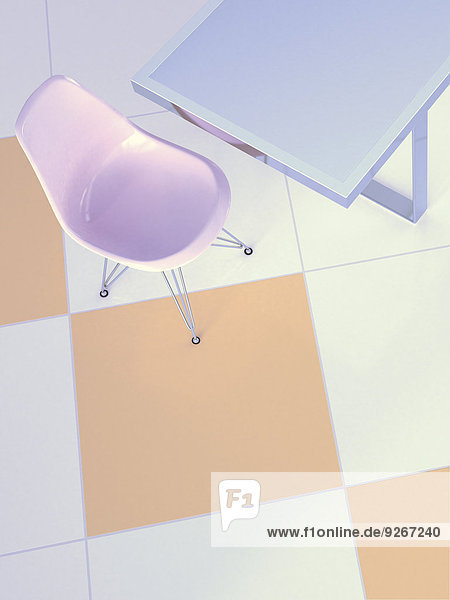 Design chair and table on floor tiles  3D Rendering