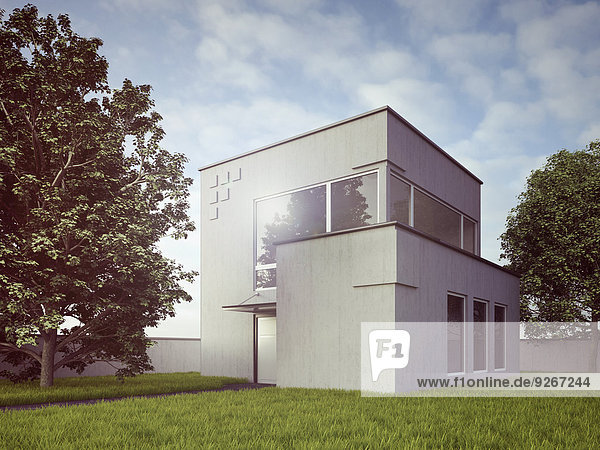 Blick auf modernes Einfamilienhaus  3D-Rendering
