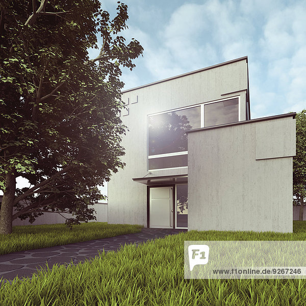 Blick auf modernes Einfamilienhaus  3D-Rendering