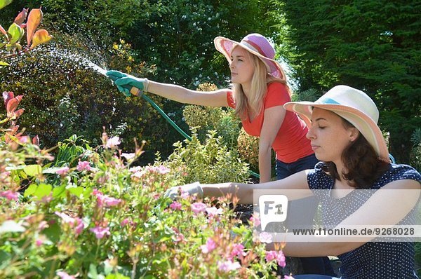 Junge Frauen gießen Garten mit Schlauchleitung