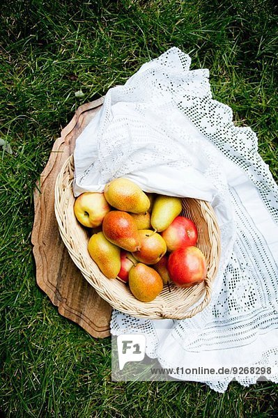 Stilleben mit Apfel- und Birnenkorb auf Gras